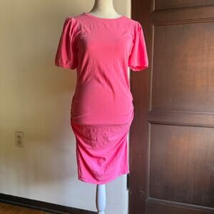 SUNDRY | Pink Slub Puff Sleeve Ruched Skirt T Shirt Dress | Size 2 / Size Medium